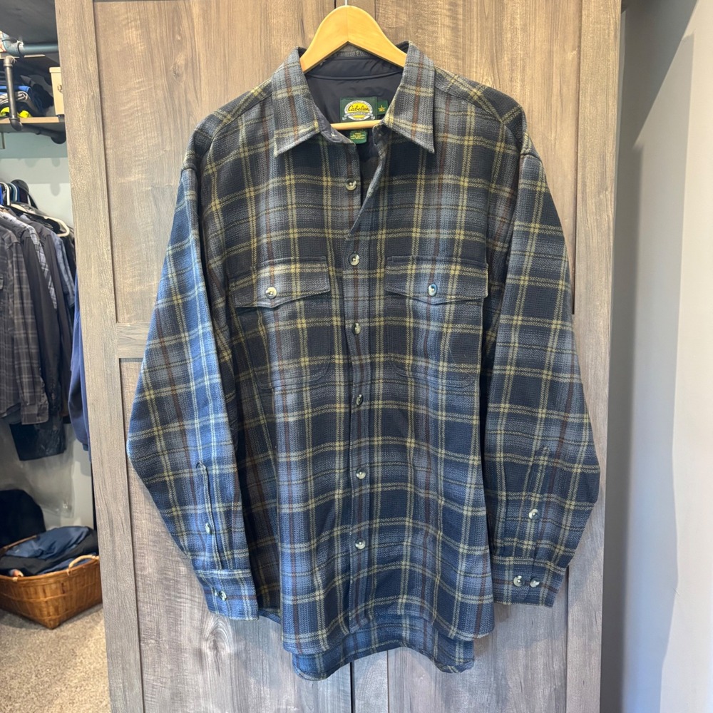 Cabelas Mens 100% Virgin Wool Plaid Flannel Shirt Grey Blue Large Regular
